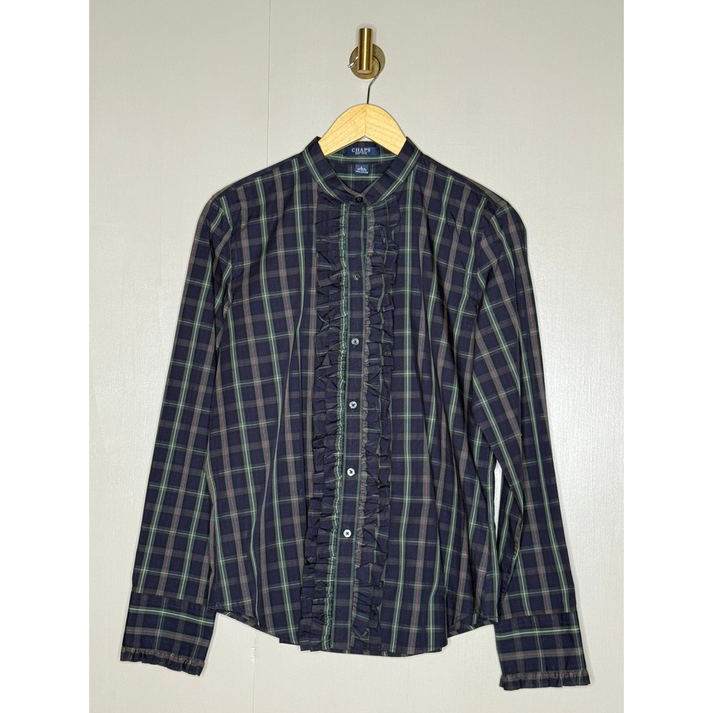 Chaps Navy Blue‎ Green Plaid Ruffle Front Band Collar Button Down Shirt Large - Picture 2 of 8